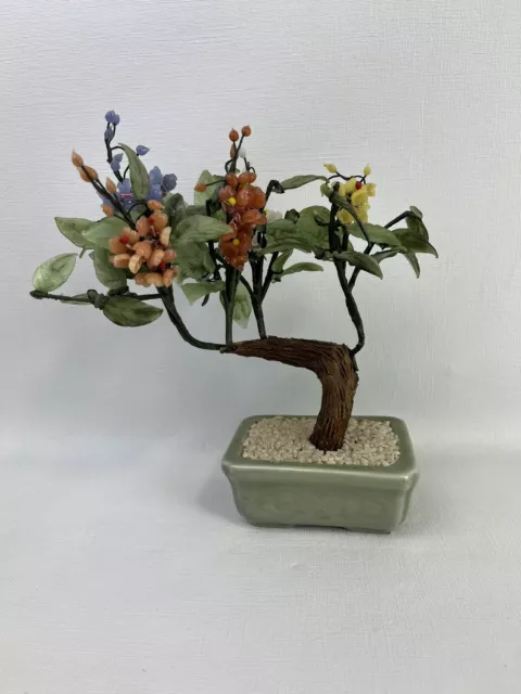 Vintage Floral Bonsai Tree Jade Stone Glass Asian Flowers Japan Pot