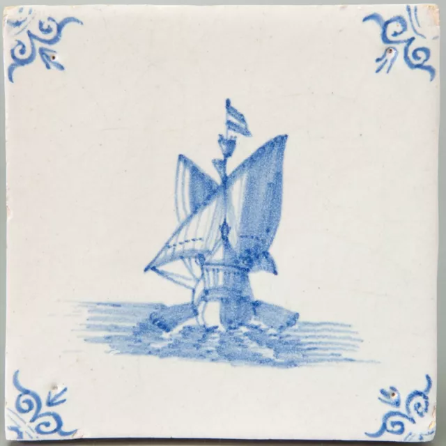 Nice Dutch Delft Blue tile, sailboat, 17th. century.