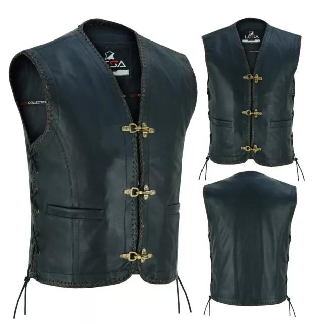 Uomo Vera Pelle Gilet Biker Club Canotta Intrecciato Fish Gancio Fibbia Lato Coi