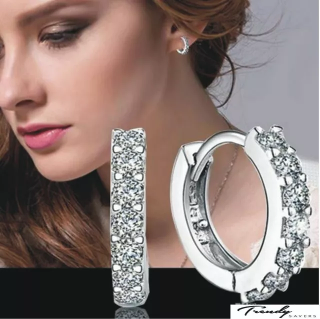 Beautiful 925 Sterling Silver Small Round Crystal Hinged Huggie Hoop Earrings