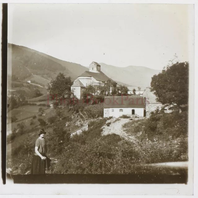 FRANCE Eglise de Sainte à identifier 1924 Photo Plaque de verre Stereo Vintage 