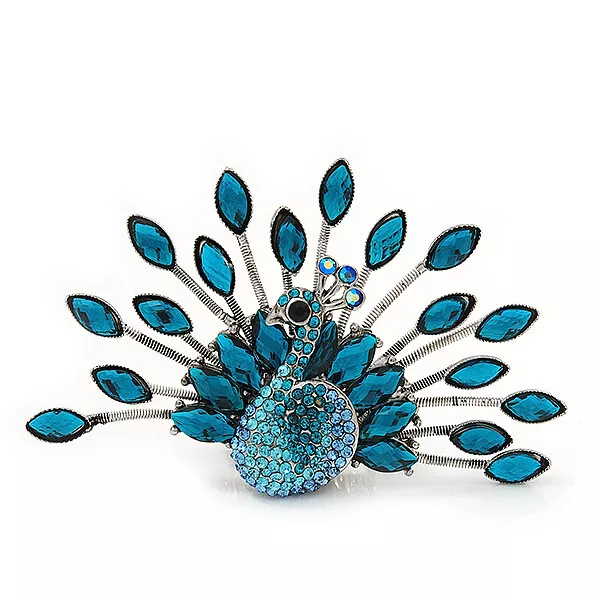 Stunning Turquoise Coloured Diamante 'Peacock' Flex Ring In Silver Metal -