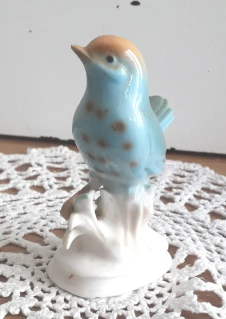 Vintage Porcelain Blue Bird Figurine with Brown Spots, Marked "Foreign"