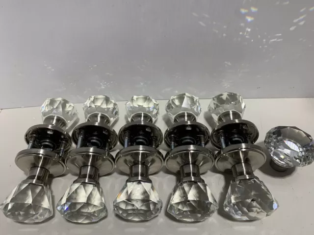 Diamond Crystal Clear Glass with Satin Nickel Door Knobs Lot Of 5 Sets