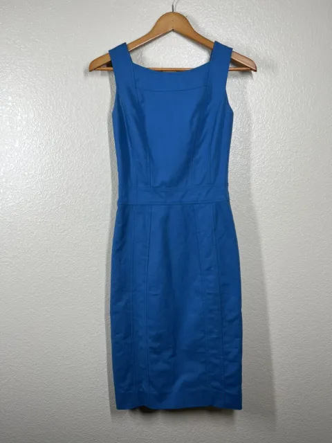 Carolina Herrera Blue Square Neck Sheath Dress XS Sleeveless Silk Lined
