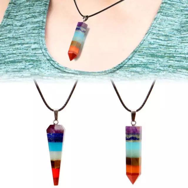 Gemstone Necklace Pendant Natural 7 Chakra Stone Energy Healing with Rope Chain