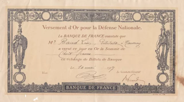 Billet Banque de France Versement d' OR pour la Défense nationale 1917