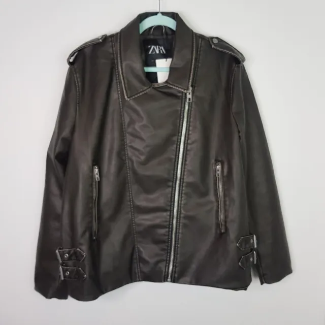 ZARA WOMEN'S FAUX Leather Jacket Size Large Biker Grey Full Zip RRP £69 ...
