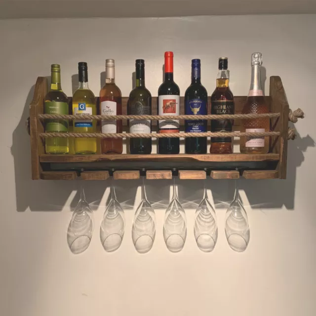 Wine Rack - 6 glass Rustic Wall Mounted Wooden Wine and Spirits rack