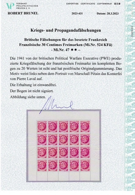 F692) Britische Fälschung Nr. 47 POSTFRISCHER BOGEN Expertise Brunel EINWANDFREI