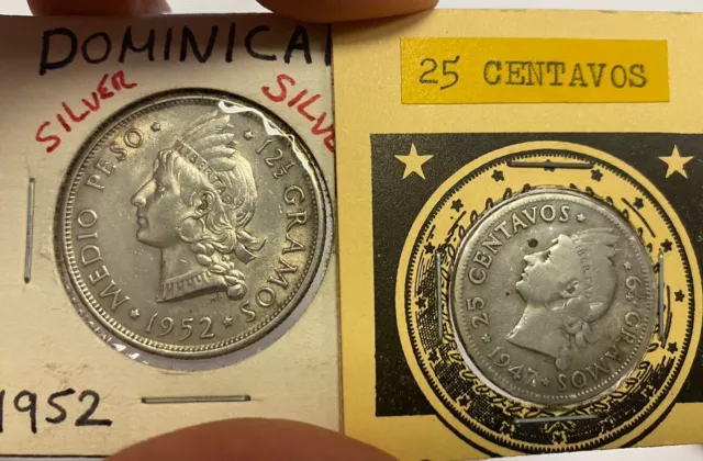 Dominican SILVER 1947 25 Centavos & 1952 1/2 Peso****