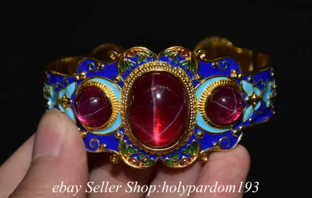 2.4" Old Chinese Copper Gilt enamel Red Starlight stone Jewelry Round Bracelet