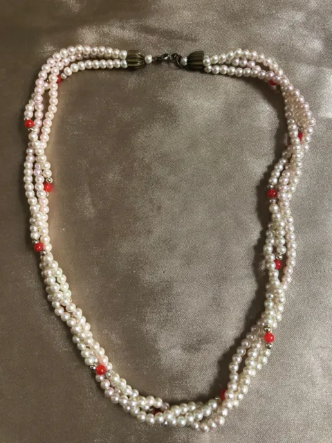 VINTAGE Cream Faux Pearl Orange Coral Gold Beads Twisted Necklace #7