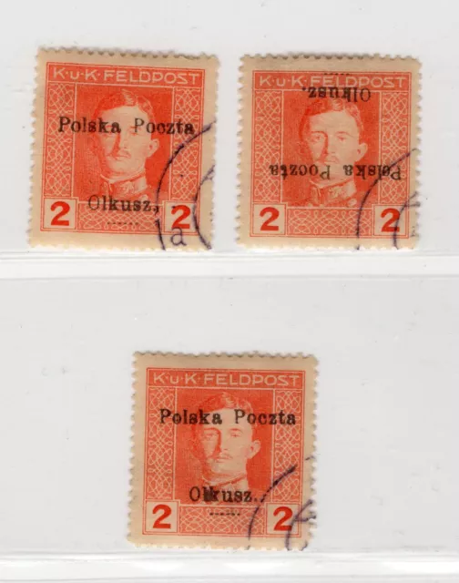 Poland 1919 Local Issue Olkusz 3 Stamps Including Invert Ovpt  Very Fine Used
