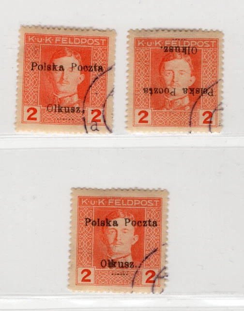 Poland 1919 Local Issue Olkusz 3 Stamps Including Invert Ovpt  Very Fine Used