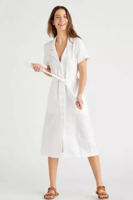 QUINCE WHITE EUROPEAN Linen Belted Button Front Midi Shirt Dress With ...