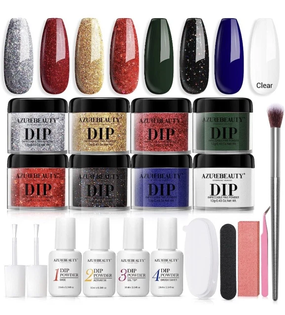 21 piezas AZUREBEAUTY Polvo de inmersión kit de uñas en polvo 8 colores manicura rojo oro base/parte superior