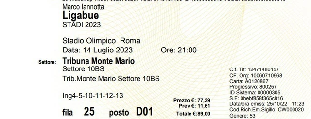 Biglietto concerto Ligabue Stadio Olimpico 14 Luglio 2023