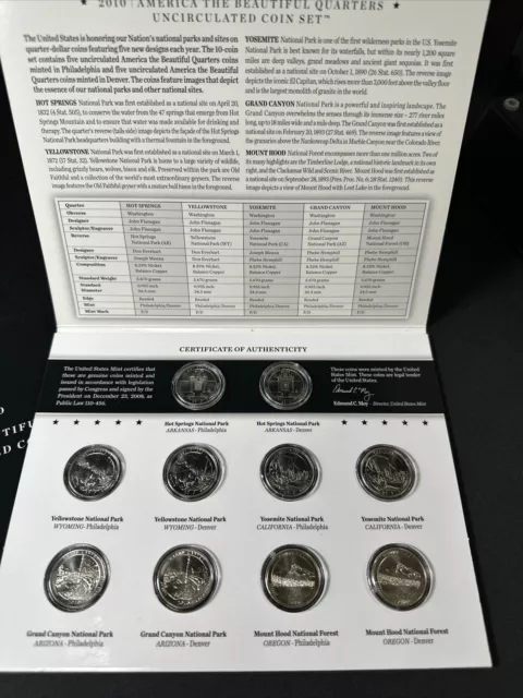 2010 P & D US Mint America the Beautiful Uncirculated 10 Coin Quarter Set