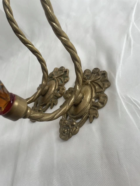 Pair 2 Antique Victorian Ornate Amber Glass Brass Hook Coat Hanger Wall Hardware 4