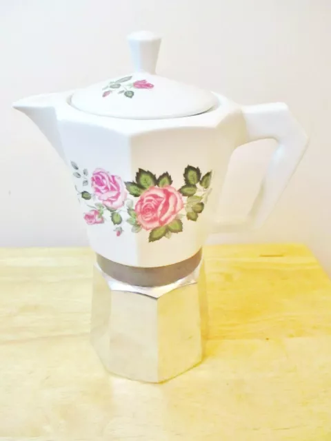 Vintage Caffettiera Flory Express 9 Cup Coffee Maker Porcelain, Pink Rose,Italy