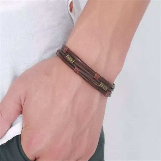 Mens Real Leather Bracelet Wristband Bangle Beaded Braided Surfer Wrap Gift Box 3