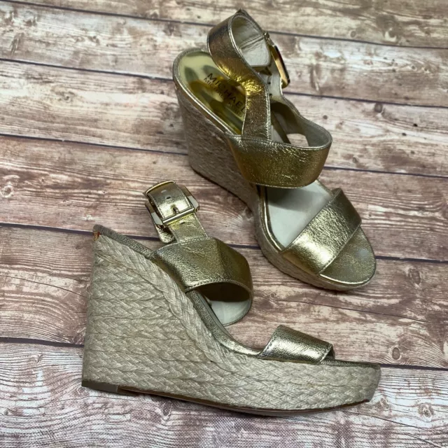 Michael Kors Espadrille Gold Metallic-Leather Wedge Sandals Size 8.5M