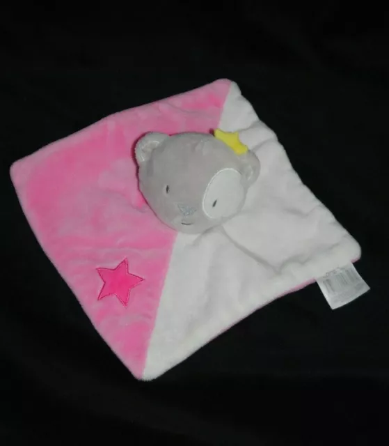 Peluche doudou ours plat rose blanc CMP couronne jaune étoile rose cocard TTBE
