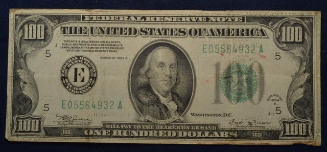 1934 B Series $100 Federal Reserve Green Seal Note Richmond Virginia