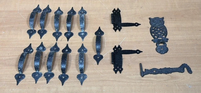 15 pc LOT Vintage ~ Black Wrought Iron Hinges Door Pulls Handles