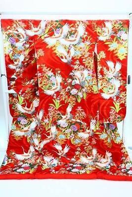 Uchikake kimono red gorgeous crane auspicious flower embroidery lame pure silk