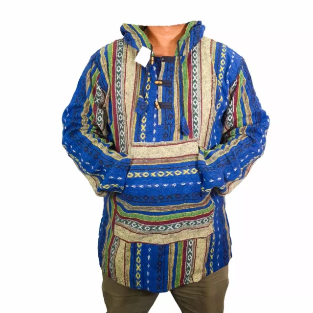 Mens Blue Baja Nepal Hoodie Tibet Mexican Winter Warm Jacket Hippie Pullover