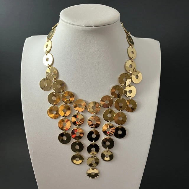 Vintage Gold Tone Waterfall Necklace Bib Choker Cascade Mod Circles Fringe 15”