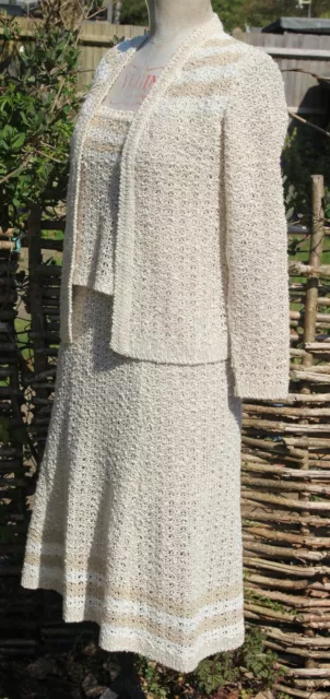 Vintage 1970s PALLAS Irish Linen Hand Crochet Knit 3 Piece Skirt Cardigan Top  S