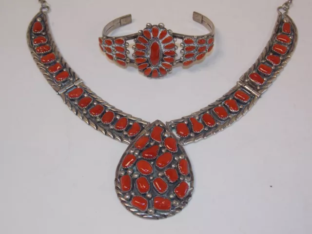 Old Pawn Sterling Silver & Coral Native American Necklace & Bracelet Zuni Navajo