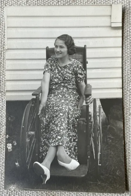 Portrait of Disabled Woman in Wheelchair, 1930s RPPC Photo Postcard