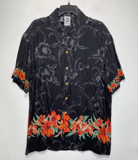 KENNINGTON LTD Shirt Men's Large Black Hawaiian Floral Aloha Tropical Button Up