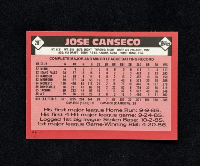Jose Canseco 1986 Topps Traded #20T Rookie RC Baseball Card 2