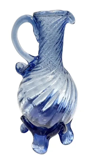 Blue Footed Hand Blown Swirled Glass Applied Handle 5.5”  Bud Vase T42