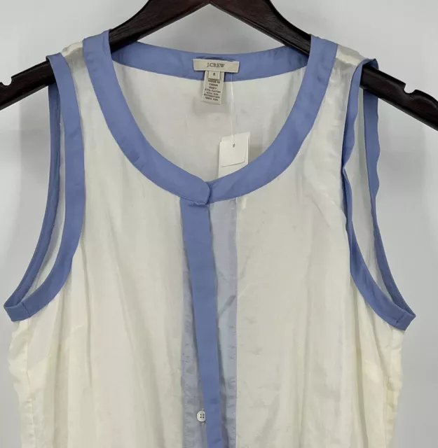 J.Crew Women's Sheer Silk Blouse Button Up Size 8 White Blue Sleeveless