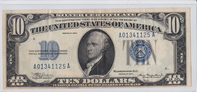 1934 $10 Ten Dollar Blue Seal SILVER CERTIFICATE USA Mint Paper Note Money