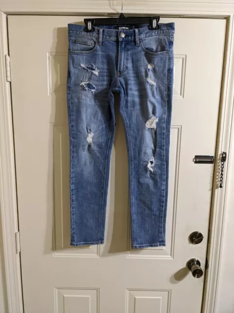 Express Limited Ed Skinny Stretch Distressed Jeans Men's Size 32 X 30 Blue Denim