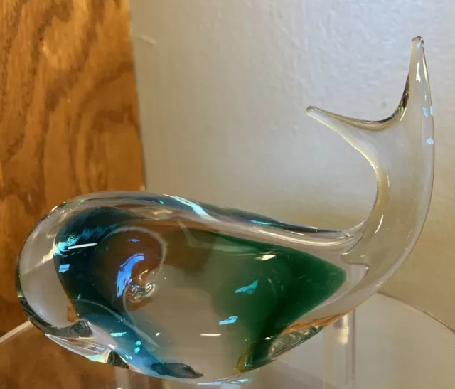 Lefton Art Glass Whale Paperweight Desk Decoration, Blue, Green w/ sticker 4.5"
