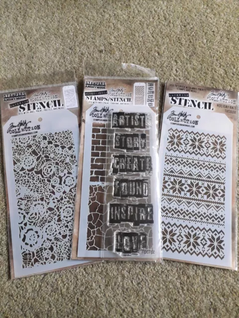 Bundle 3 Tim Holtz Stampers Anonymous Mixed Media + Layering Stencil /Stamp Sets