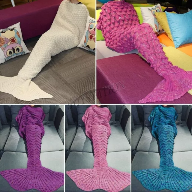 Mermaid Tail Blanket Knitted Crocheted Sofa Quilt Rug Festival Gift UK