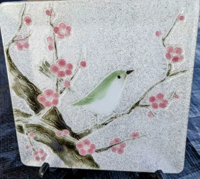 Japanese Cloisonne ware Nightingale & plum Spring silver Ornamental plate w4.7"
