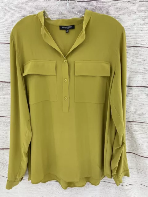 Lafayette 148  Matte Silk Long Sleeve Blouse  1/2 Button  Mustard Womens Medium