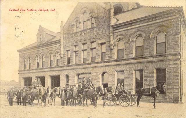 1900 IN Elkhart Central Fire Station Horse drawn Equip Fireman  postcard