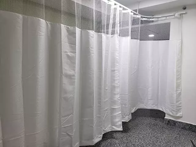 Polyester Zig Zag Curtain (7 Feet Height, White) with Oval Net for Hospital ICU