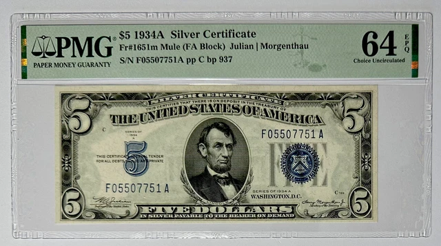 UNITED STATES 1934A $5 Silver Certificate. FR#: 1651m (MULE). PMG Graded: 64 EPQ